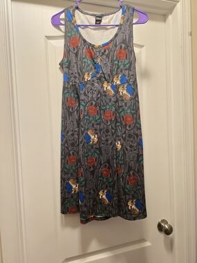 Disney Gray Sleeveless Dress with Red Roses and Blue Belle Medallions